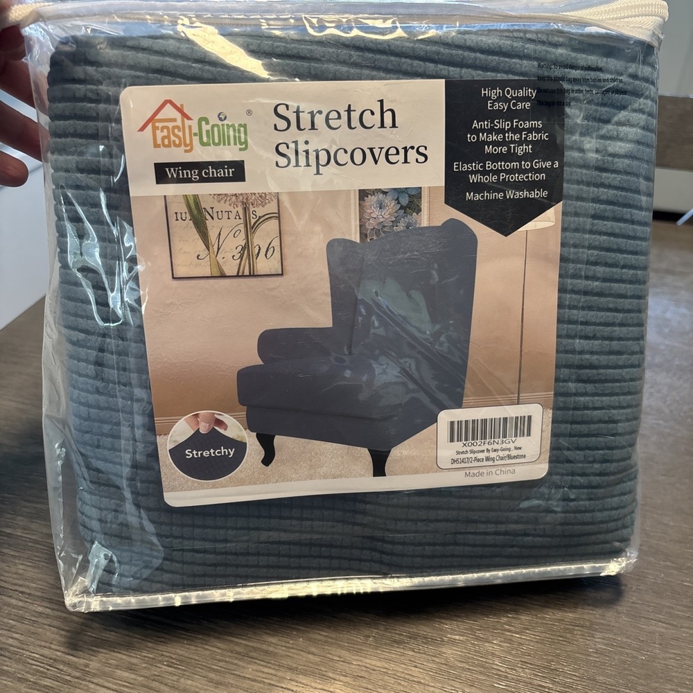 Easy-Going Stretchy Textured Slipcover for Wing Chair 2 Pc Bluestone